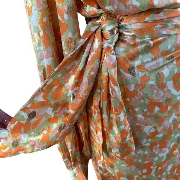 Never Fully Dressed Satin Wrap Vienna Midi Dress In Pastel Gold Mix Size US 8 - Picture 7 of 13